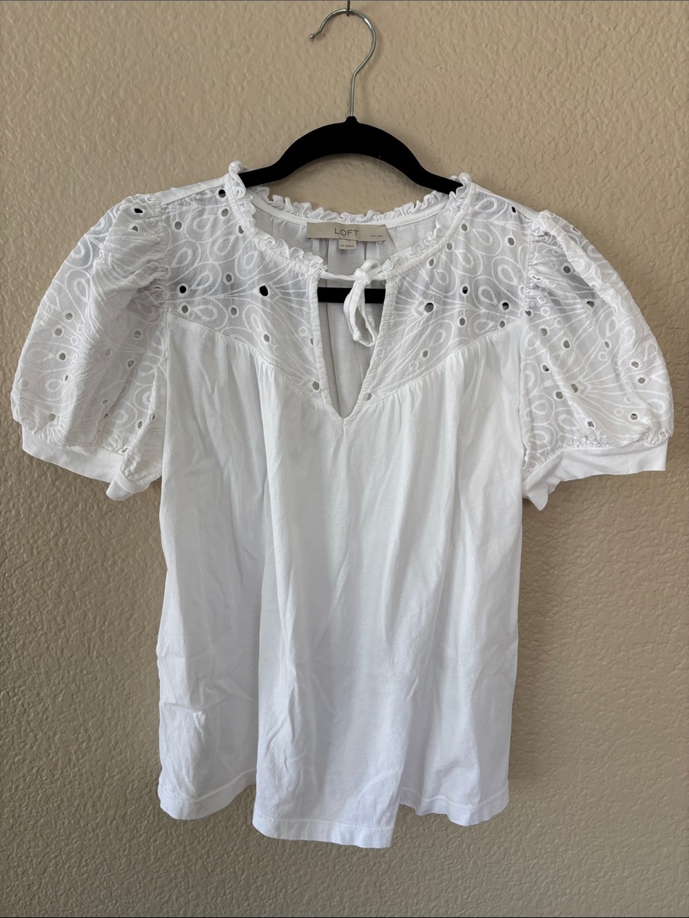 LOFT White Eyelet Tie-Neck Puff Sleeve Top - Picture 3 of 10